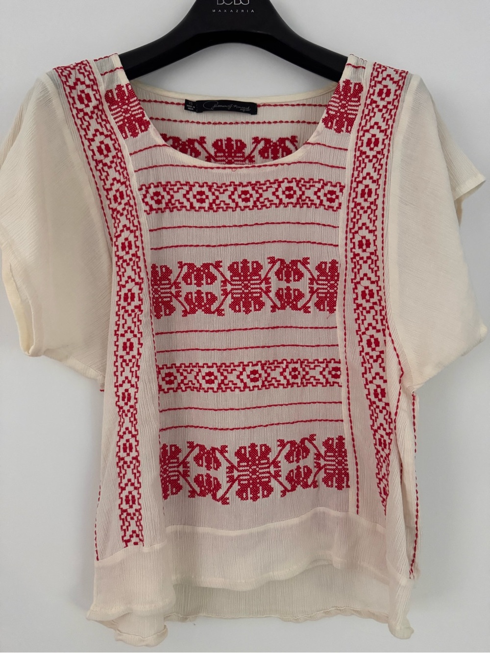 Patterson J Kincaid Cream Top with Red Embroidered Pattern, XS